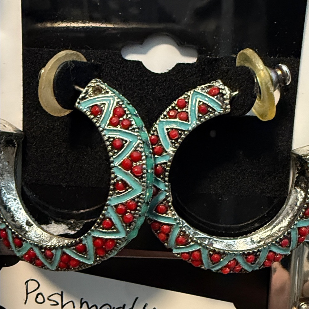 Teal Turquoise and red Hoop earring stud style closure
